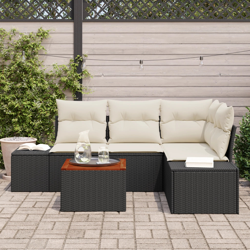 Set divano giardino 5 pezzi con cuscini neri polyrattan acacia