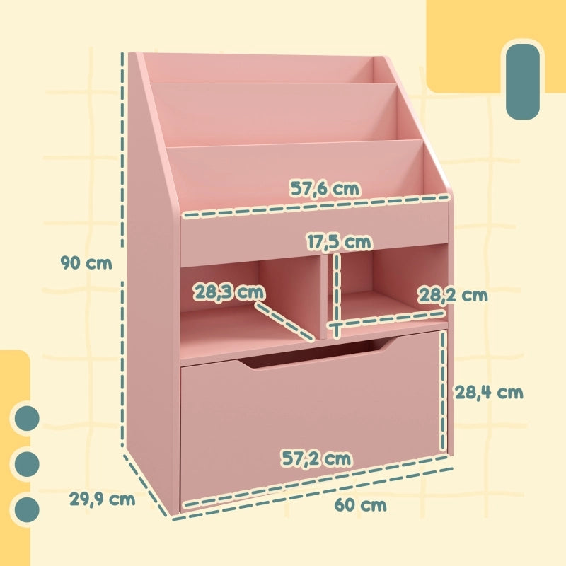Libreria per bambini con cassetto e vani portaoggetti, rosa, 60 x 29,9 x 90 cm