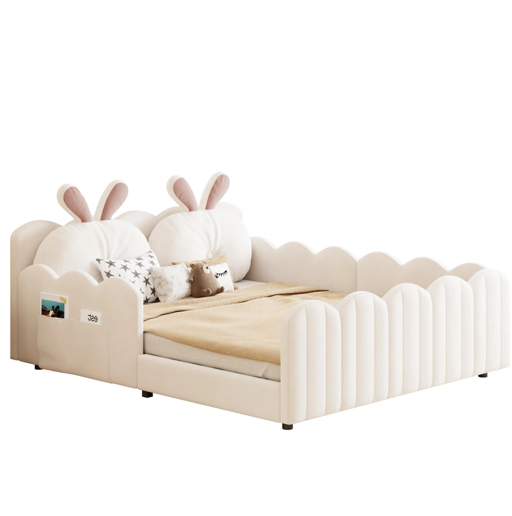 Letto Piattaforma Imbottito 140x200 cm con Cuscino a Forma di Coniglio, Beige