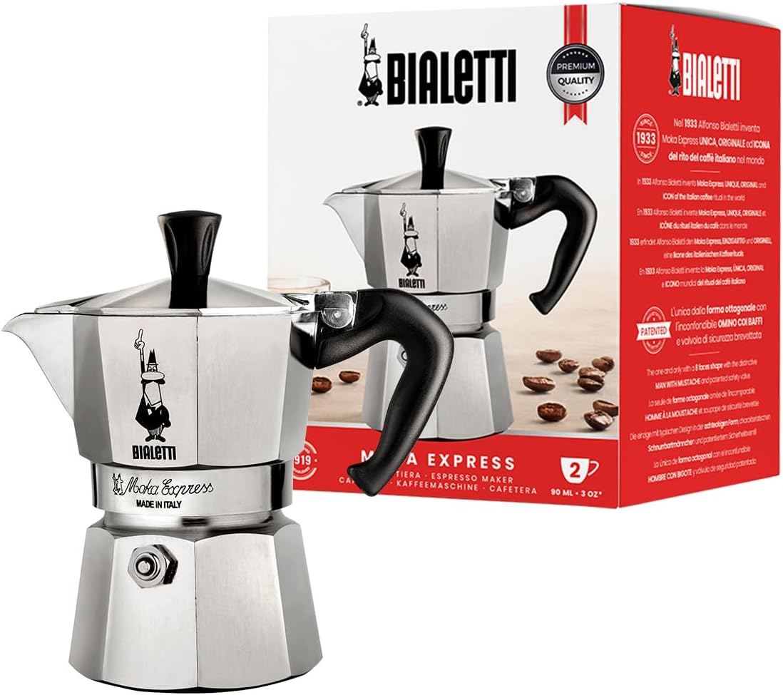 Caffettiera Moka Express Restyling 2 Tazze in Alluminio con Manico Ergonomico Made in Italy Bialetti