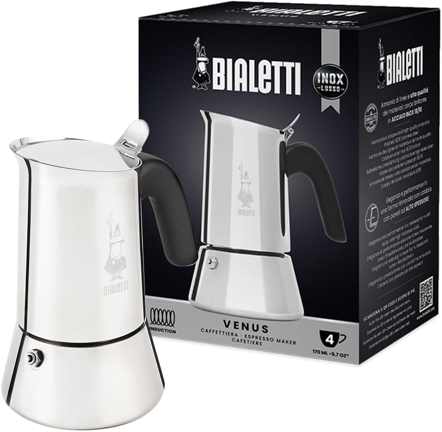 Caffettiera Venus 4 Tazze in Acciaio Inox Lucido e Satinato Compatibile con Induzione Made in Italy Bialetti