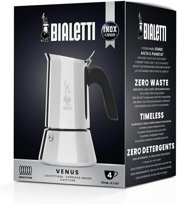Caffettiera Venus 4 Tazze in Acciaio Inox Lucido e Satinato Compatibile con Induzione Made in Italy Bialetti