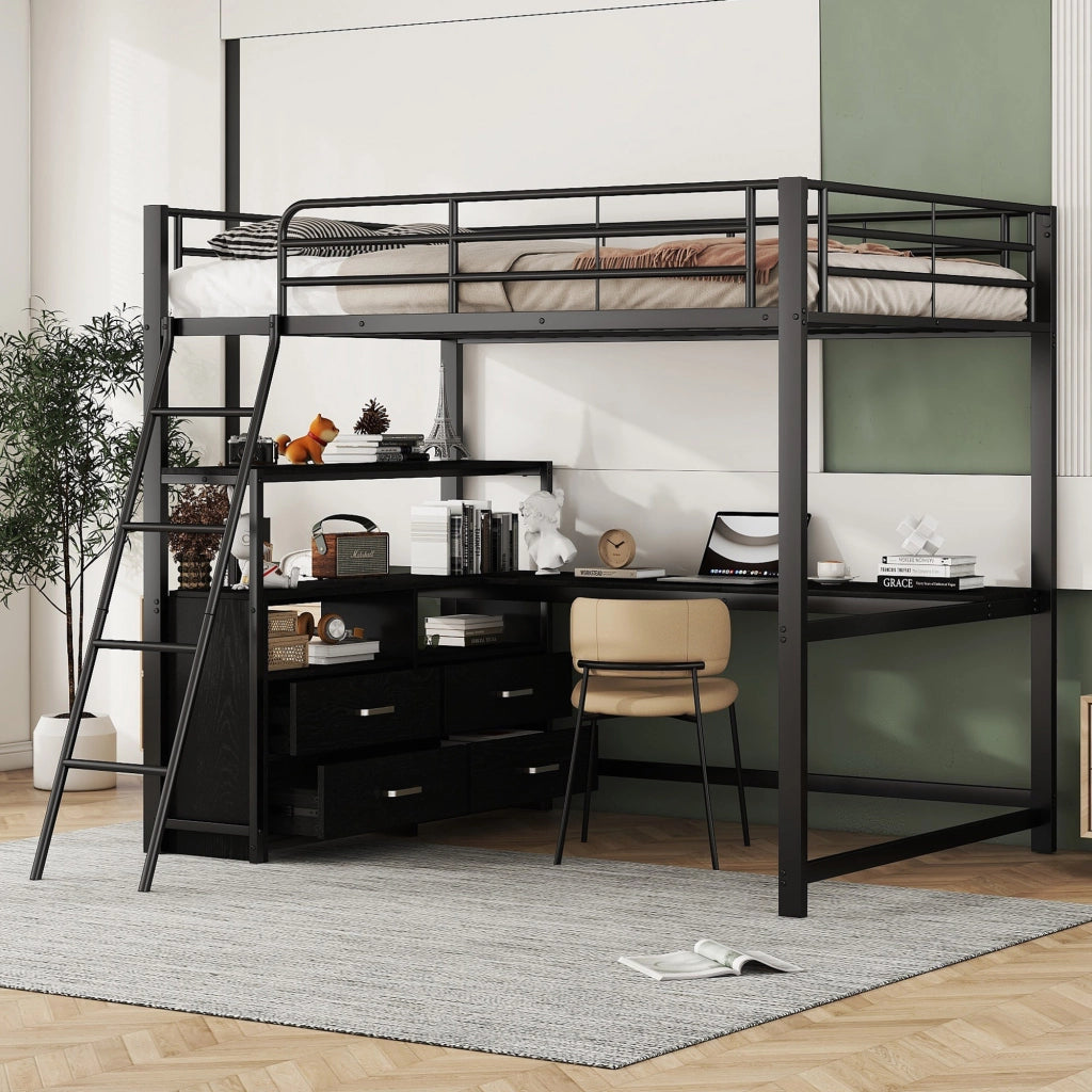 Letto a castello nero in metallo e MDF con scrivania a L e cassetti 140x200 cm