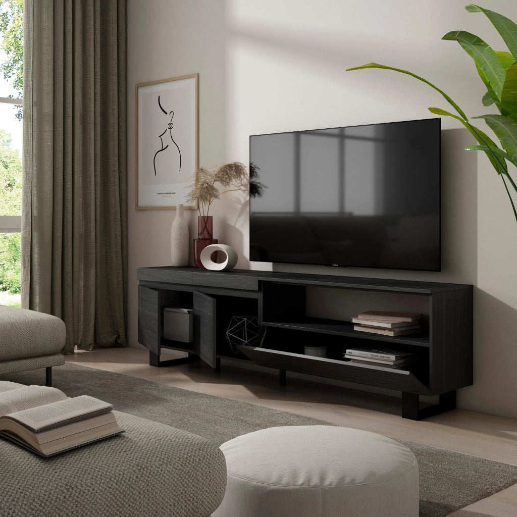 Mobile TV, 200x35x57cm, soggiorno, Per TV fino a 80", Design industriale, Nero RF2191