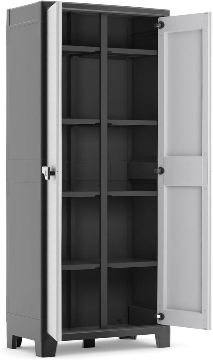 Armadio Portascope Titan XL in Resina Antracite e Grigio 80x44x182 cm con Ripiani Pieghevoli e Piedini Regolabili Keter