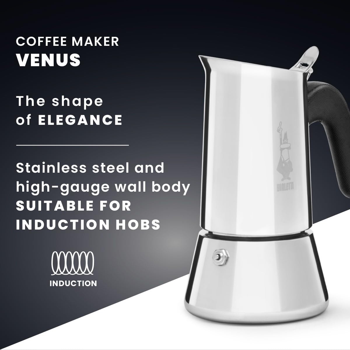Caffettiera Venus 2 Tazze in Acciaio Inox caffè espresso Manico Ergonomico e Valvola di Sicurezza Bialetti
