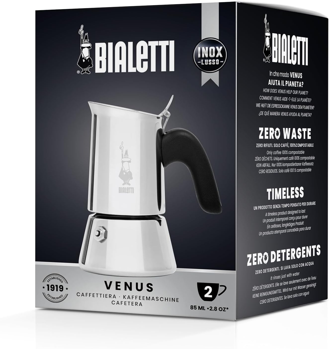 Caffettiera Venus 2 Tazze in Acciaio Inox caffè espresso Manico Ergonomico e Valvola di Sicurezza Bialetti