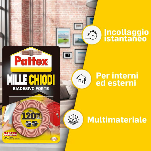 Nastro Biadesivo Extra Forte Millechiodi 19 mm x 1,5 m per Interni ed Esterni Fino a 120 kg di Tenuta Pattex Henkel