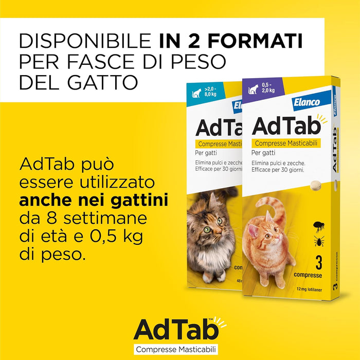 Compresse Antiparassitarie Masticabili AdTab per Gatti da 2 a 8 kg 3 Compresse da 48 mg Protezione Mensile contro Pulci e Zecche Elanco