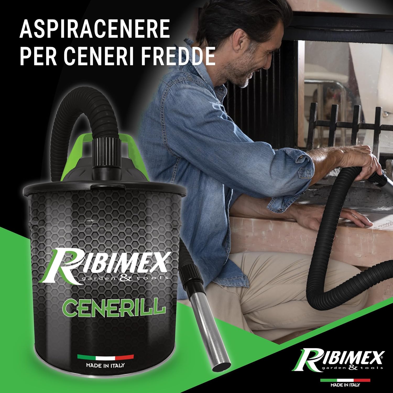 Aspiracenere Elettrico Cenerill 1000W con Filtro HEPA Lavabile Bidone in Acciaio 18 Litri e Tubo Metallico Ribimex