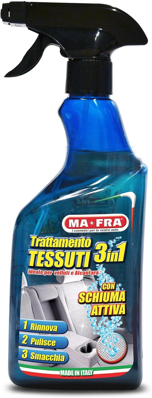 Trattamento Tessuti 3 in 1 Detergente Smacchiante e Ravvivante per Sedili e Tappezzeria Auto in Tessuto o Alcantara 500 ml Ma-Fra