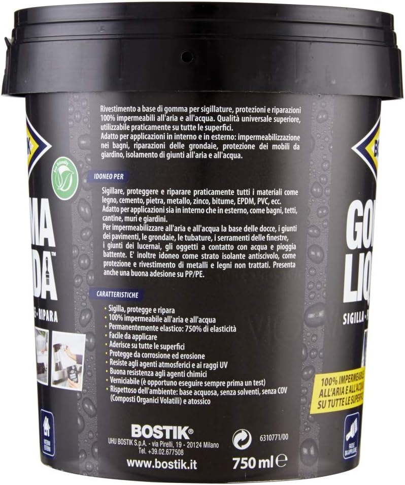 Gomma Liquida Sigillante Impermeabile 750 ml Elastica e Verniciabile per Riparazioni e Rivestimenti Interni ed Esterni Bostik UHU Bison