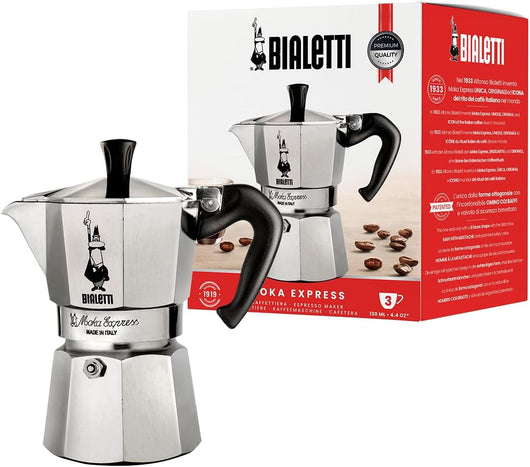 Caffettiera Moka Express Restyling 3 Tazze in Alluminio con Manico Ergonomico e Valvola di Sicurezza Made in Italy Bialetti