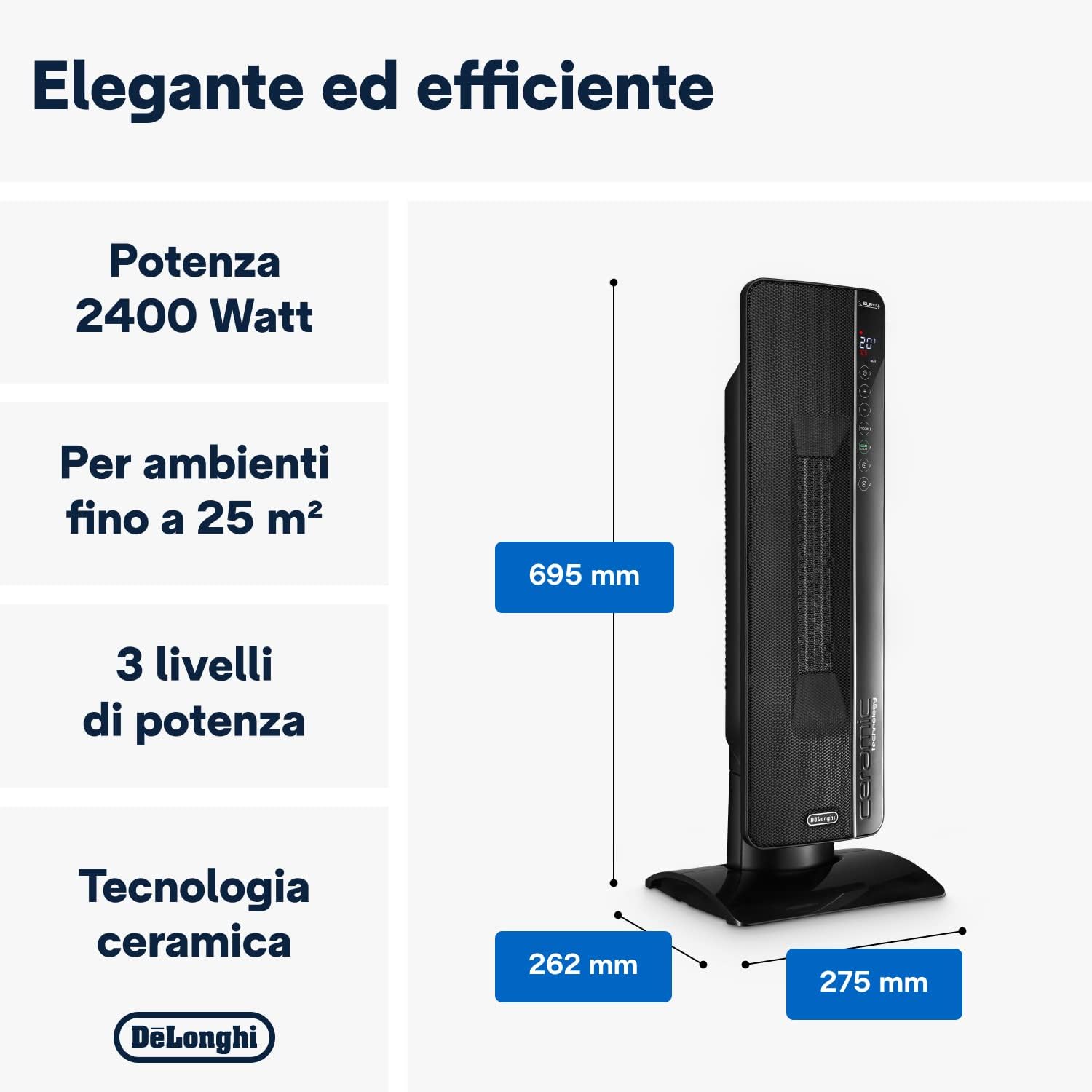 Termoventilatore Ceramico a Torre TCH 8993ER 2400W Display LED Telecomando Funzione Eco Plus Ambienti fino a 70 m³ DeLonghi