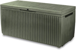 Baule da Esterno Springwood 123x53,5x57 cm in Resina Effetto Legno Verde con Ruote e Struttura in Metallo Keter