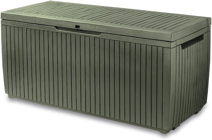Baule da Esterno Springwood 123x53,5x57 cm in Resina Effetto Legno Verde con Ruote e Struttura in Metallo Keter