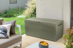 Baule da Esterno Springwood 123x53,5x57 cm in Resina Effetto Legno Verde con Ruote e Struttura in Metallo Keter