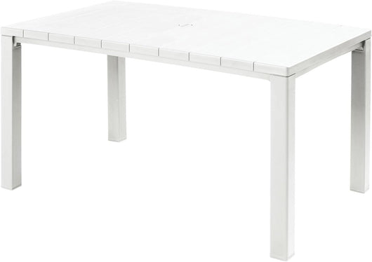 Tavolo da Giardino Julie 147x90x75 cm in Polipropilene Effetto Legno con Struttura in Metallo e Foro Ombrellone Colore Bianco Keter