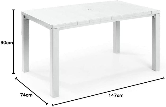 Tavolo da Giardino Julie 147x90x75 cm in Polipropilene Effetto Legno con Struttura in Metallo e Foro Ombrellone Colore Bianco Keter