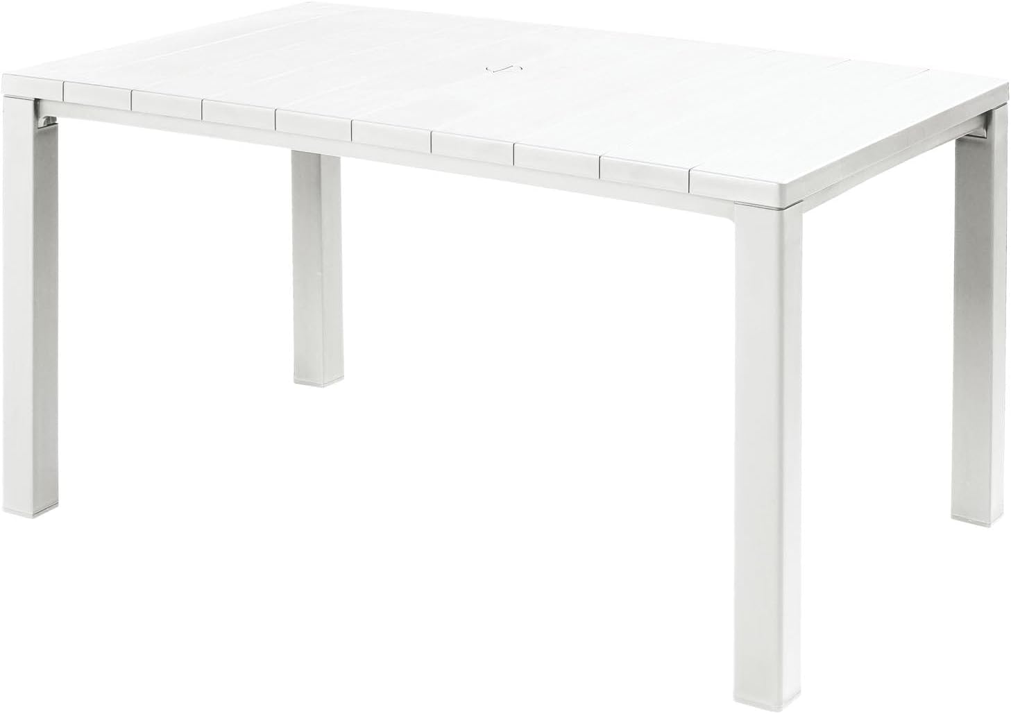 Tavolo da Giardino Julie 147x90x75 cm in Polipropilene Effetto Legno con Struttura in Metallo e Foro Ombrellone Colore Bianco Keter