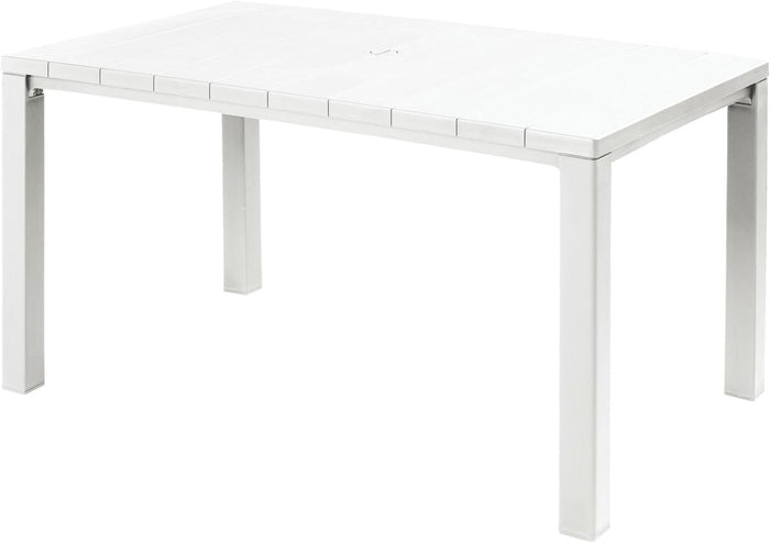 Tavolo da Giardino Julie 147x90x75 cm in Polipropilene Effetto Legno con Struttura in Metallo e Foro Ombrellone Colore Bianco Keter