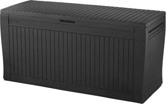 Cassapanca da Esterno Comfy 270 L in Resina Effetto Legno Colore Grafite con Ruote e Chiusura