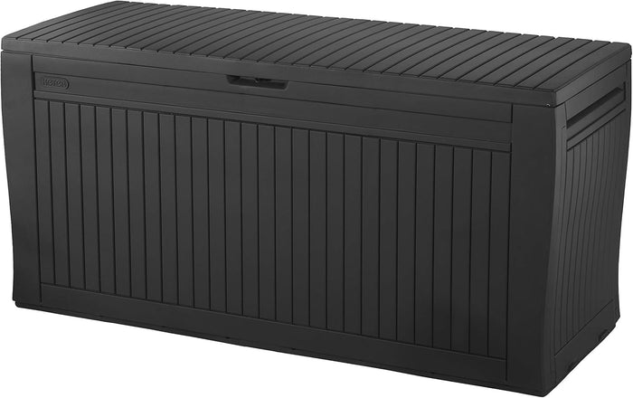 Cassapanca da Esterno Comfy 270 L in Resina Effetto Legno Colore Grafite con Ruote e Chiusura