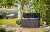 Cassapanca da Esterno Comfy 270 L in Resina Effetto Legno Colore Grafite con Ruote e Chiusura