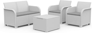 Salottino da Esterno Rosalie Lounge Set 4 Pezzi in Resina Effetto Rattan Colore Bianco con Divano, 2 Poltrone e Tavolino Contenitore Keter