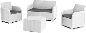 Salottino da Esterno Rosalie Lounge Set 4 Pezzi in Resina Effetto Rattan Colore Bianco con Divano, 2 Poltrone e Tavolino Contenitore Keter