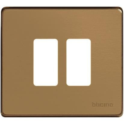 Placca 2 posti in alluminio color bronzo per scatola tonda