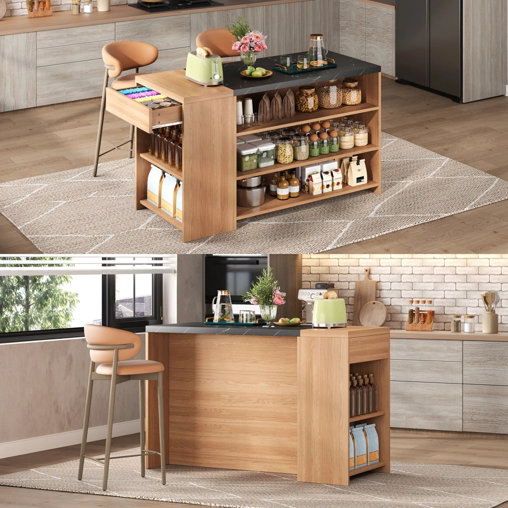 Isola cucina con bancone, 5 livelli di spazio, cassetto nascosto, effetto marmo nero e rovere, 140x60x90 cm