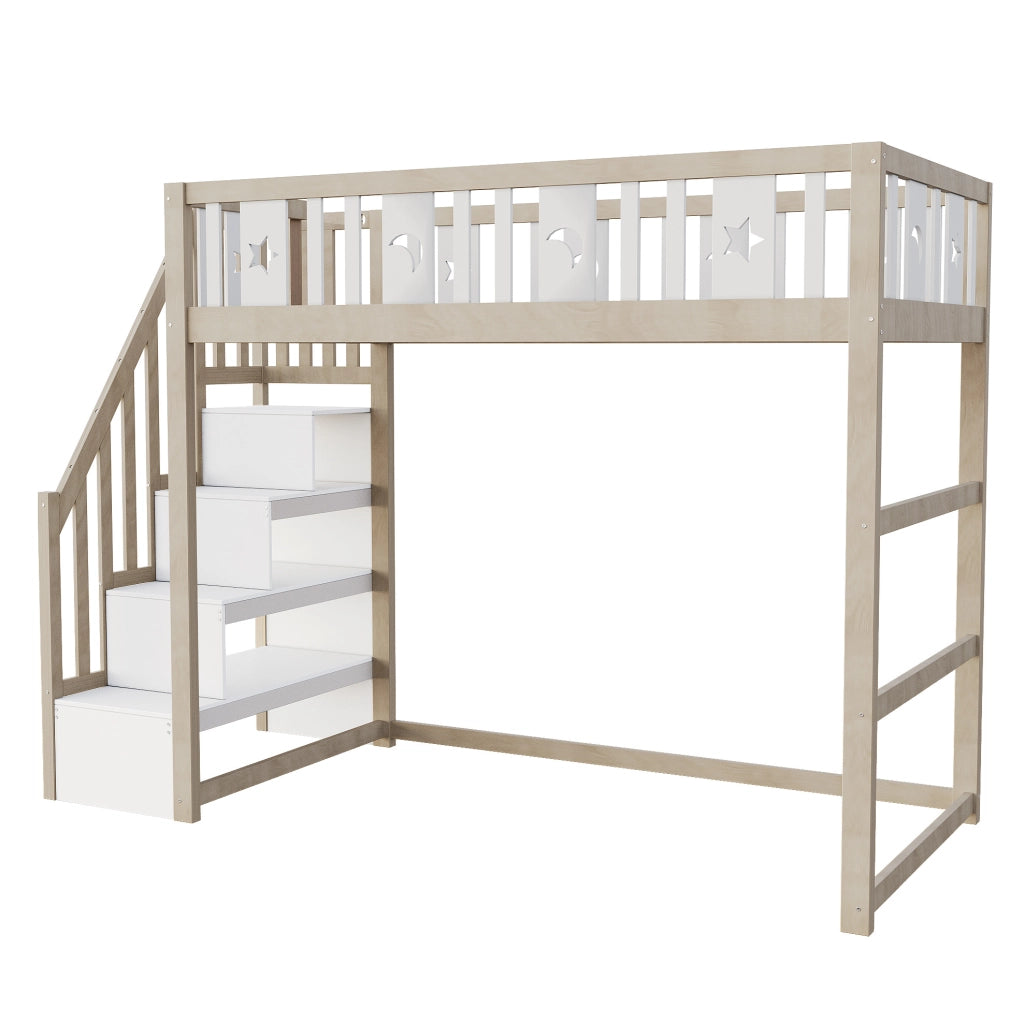 Letto a soppalco per bambini 90x200 cm in legno massello; con scala e ripiani; bianco/naturale