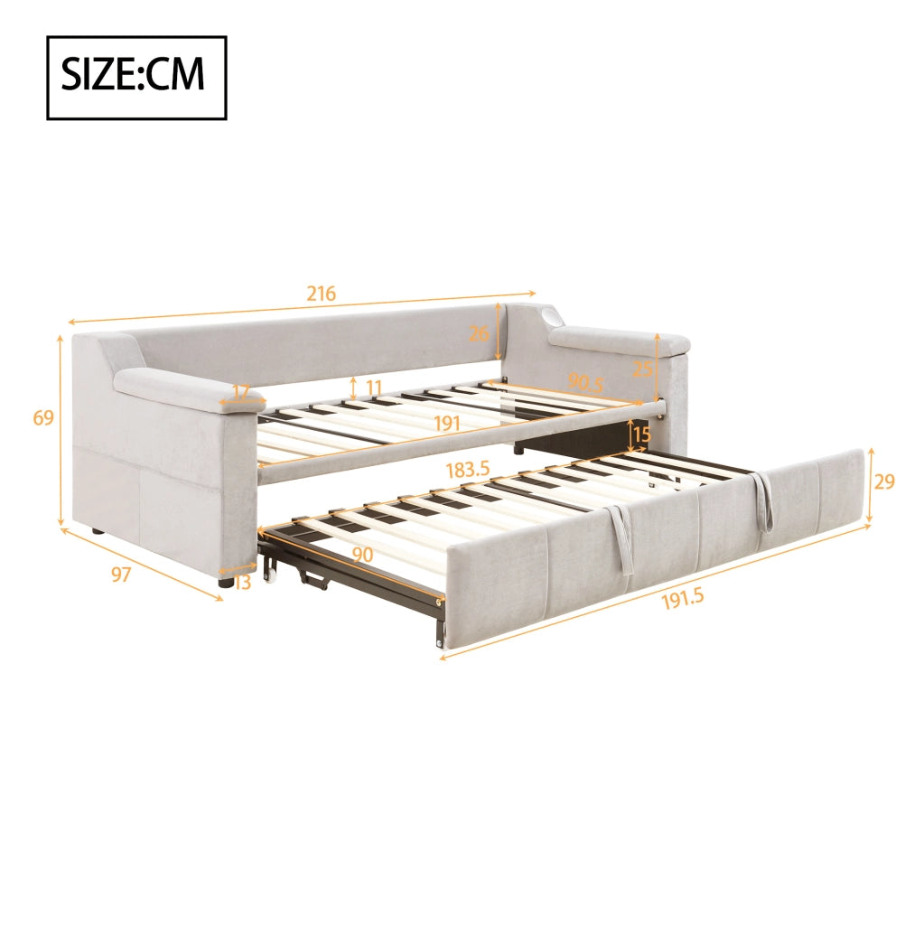 Divano letto imbottito ULEVR 90/180x190 cm con estrazione idraulica, stereo Bluetooth, USB e vani beige