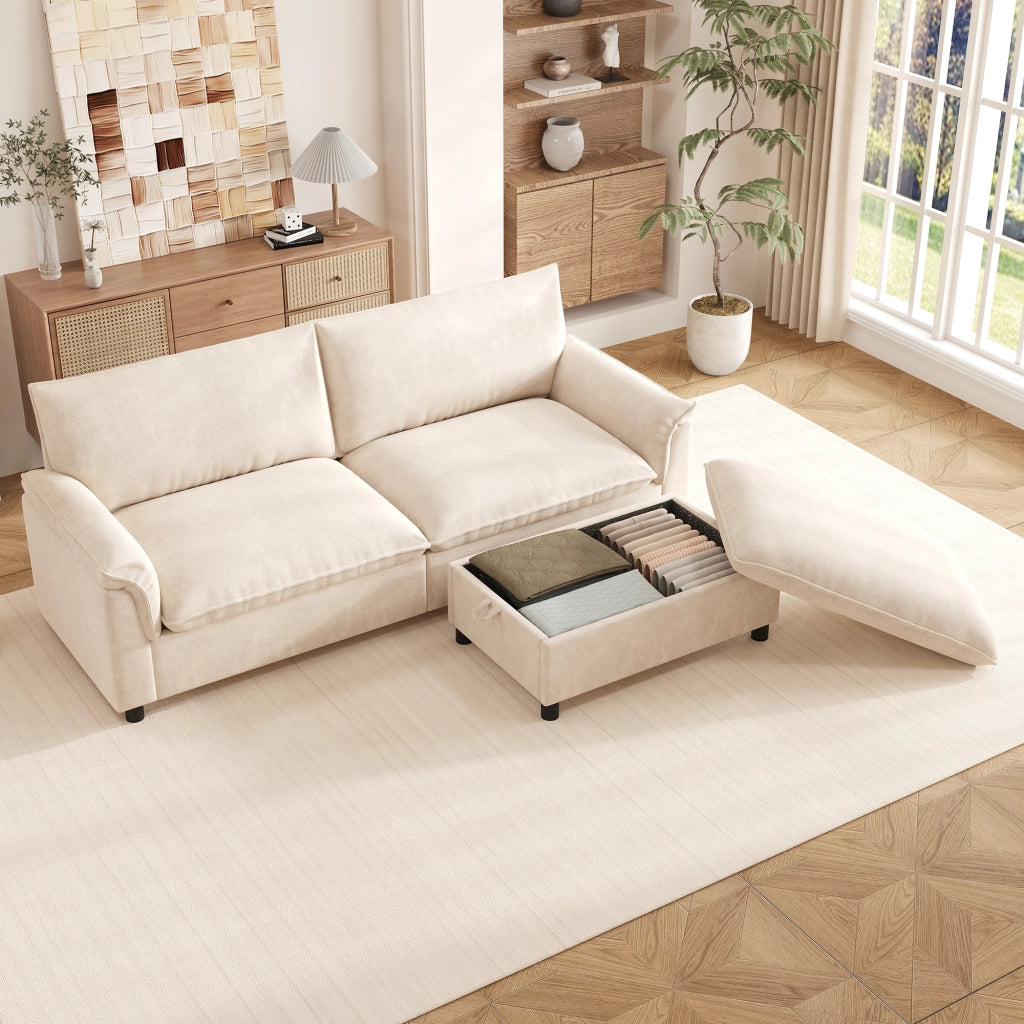 Divano modulare con pouf mobile e contenitore, seduta profonda in ciniglia beige, schienale alto 216 × 77 × 82 cm