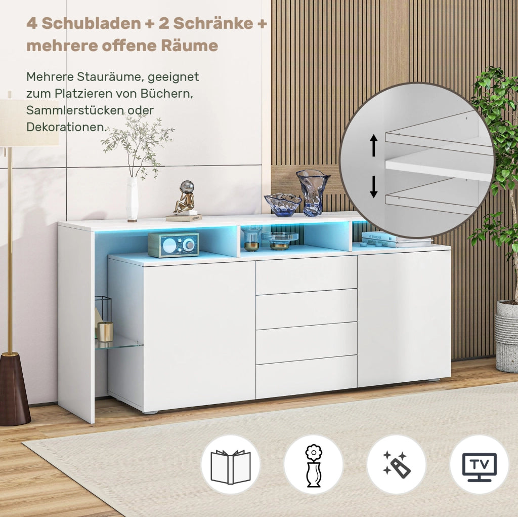 Credenza moderna con LED e USB, bianco lucido