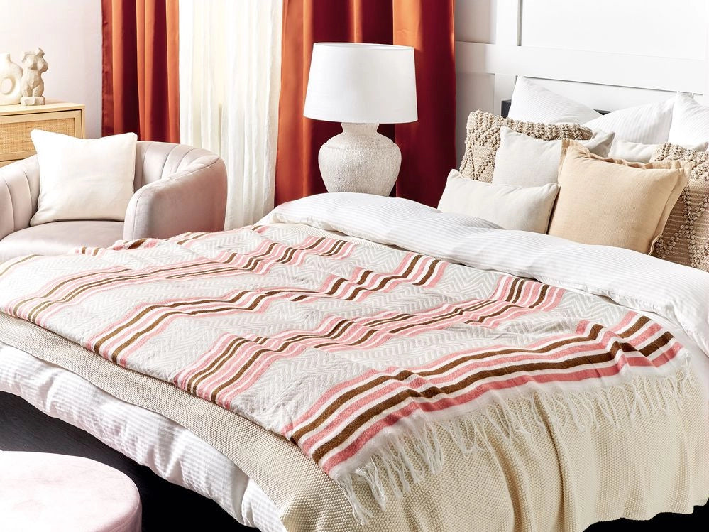 Beige Rosa Marrone Coperta Acrilica 130 x 170 cm Copriletto in Poliestere Motivo Geometrico Frange Soggiorno Camera da Letto