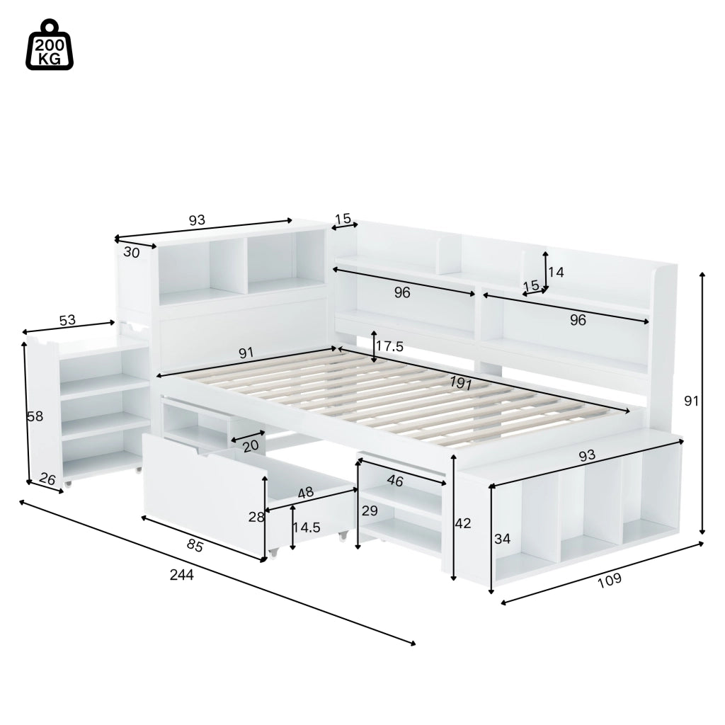 Letto Singolo per Bambini con Cassetti e Doghe ¨C MINIMAL ¨C Bianco 90x190
