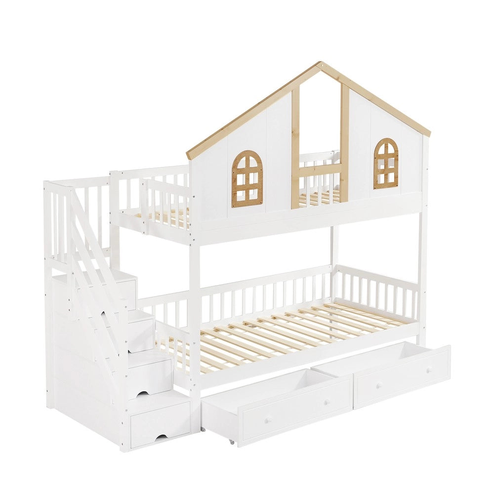 Letto a Castello Bambini con Cassetti e Scala ¨C Xylo ¨C Pino MDF Bianco Naturale 90x200