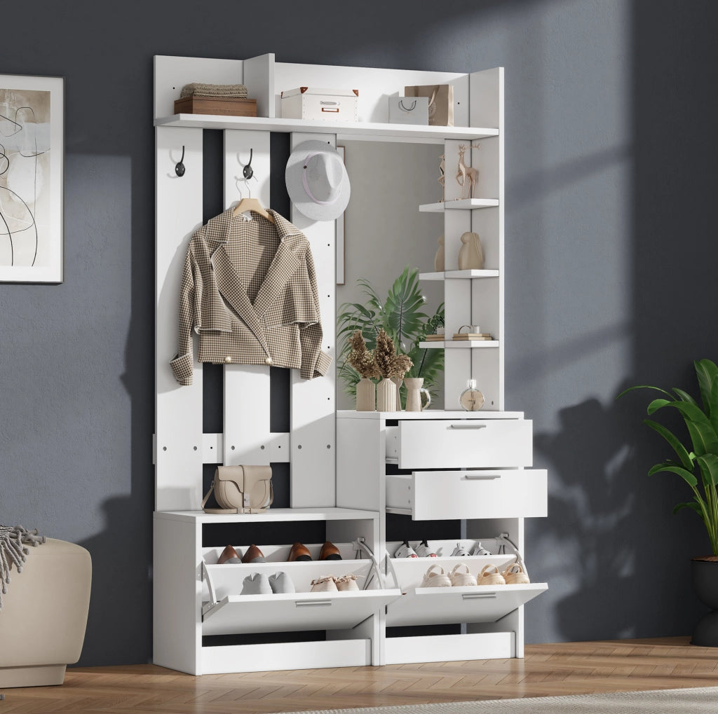 Armadio ingresso 110x34x185 cm con specchio; 2 cassetti; scarpiera a ribalta; MDF bianco