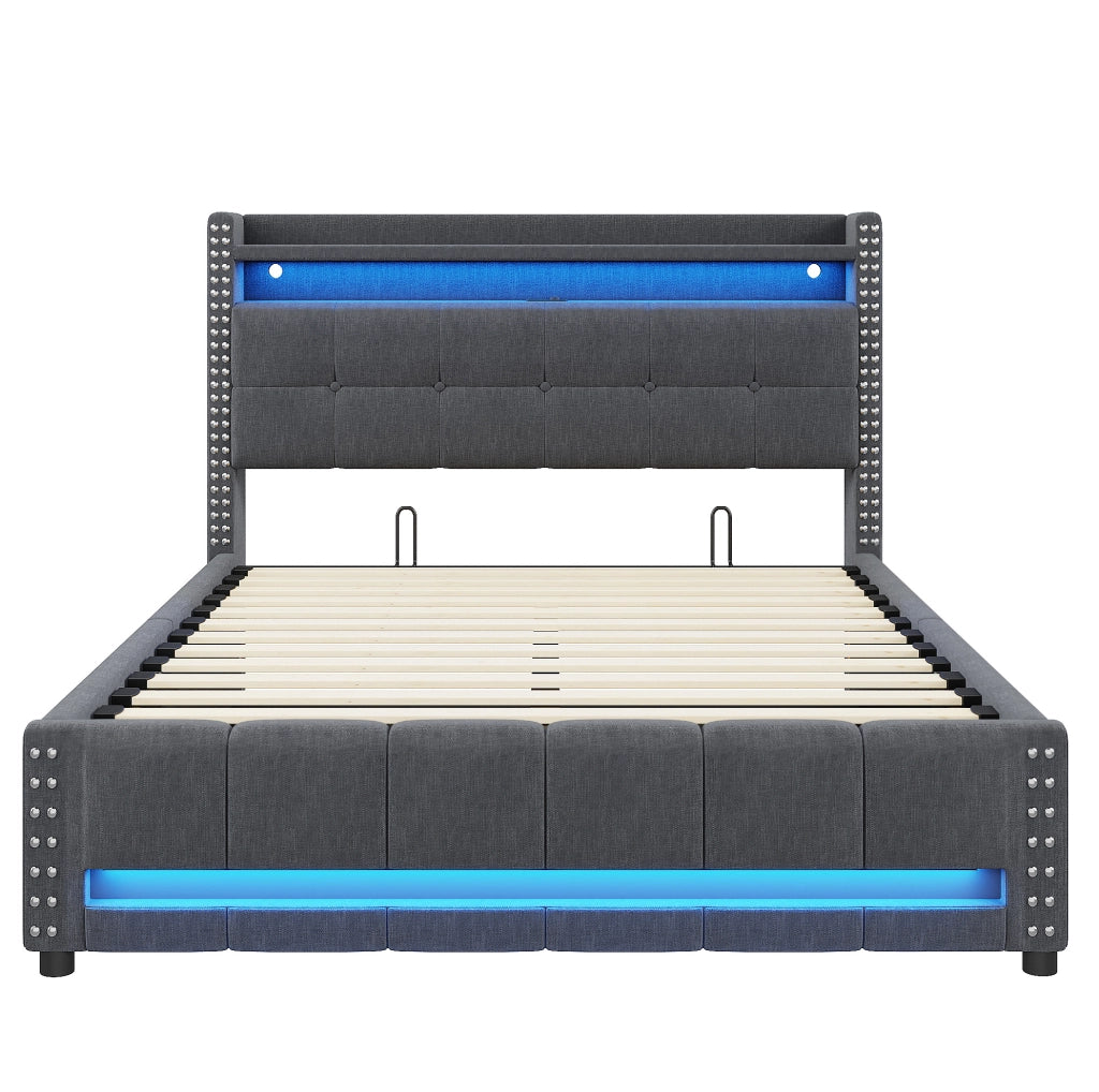 Letto imbottito 160x200 cm grigio con LED, USB, testiera con ripiani e contenitore idraulico