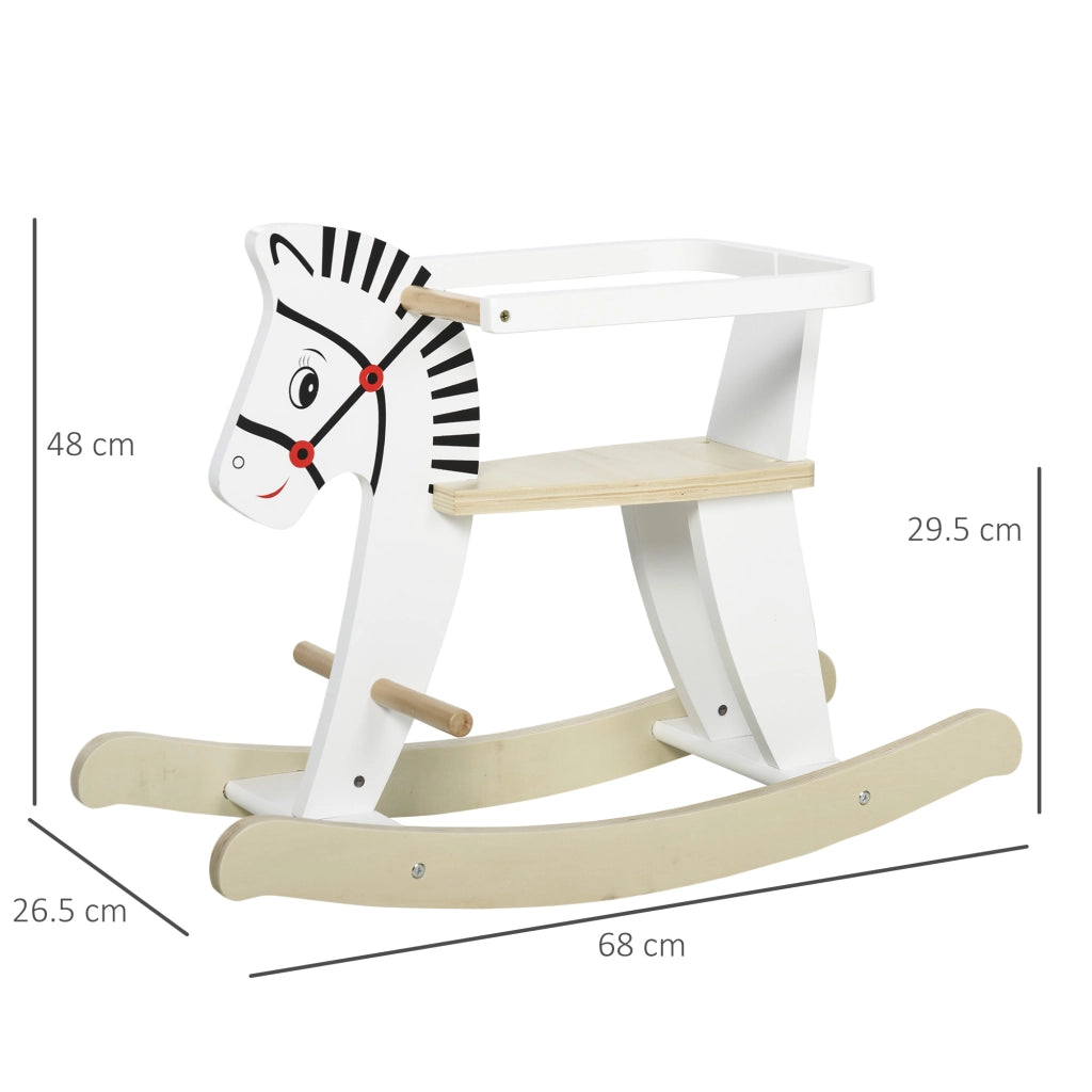 EasyComfort Cavallo a Dondolo Classico in Legno per Bambini 1-3 Anni con Bordo, Maniglie e Poggiapiedi, 68x26.5x48cm, Bianco