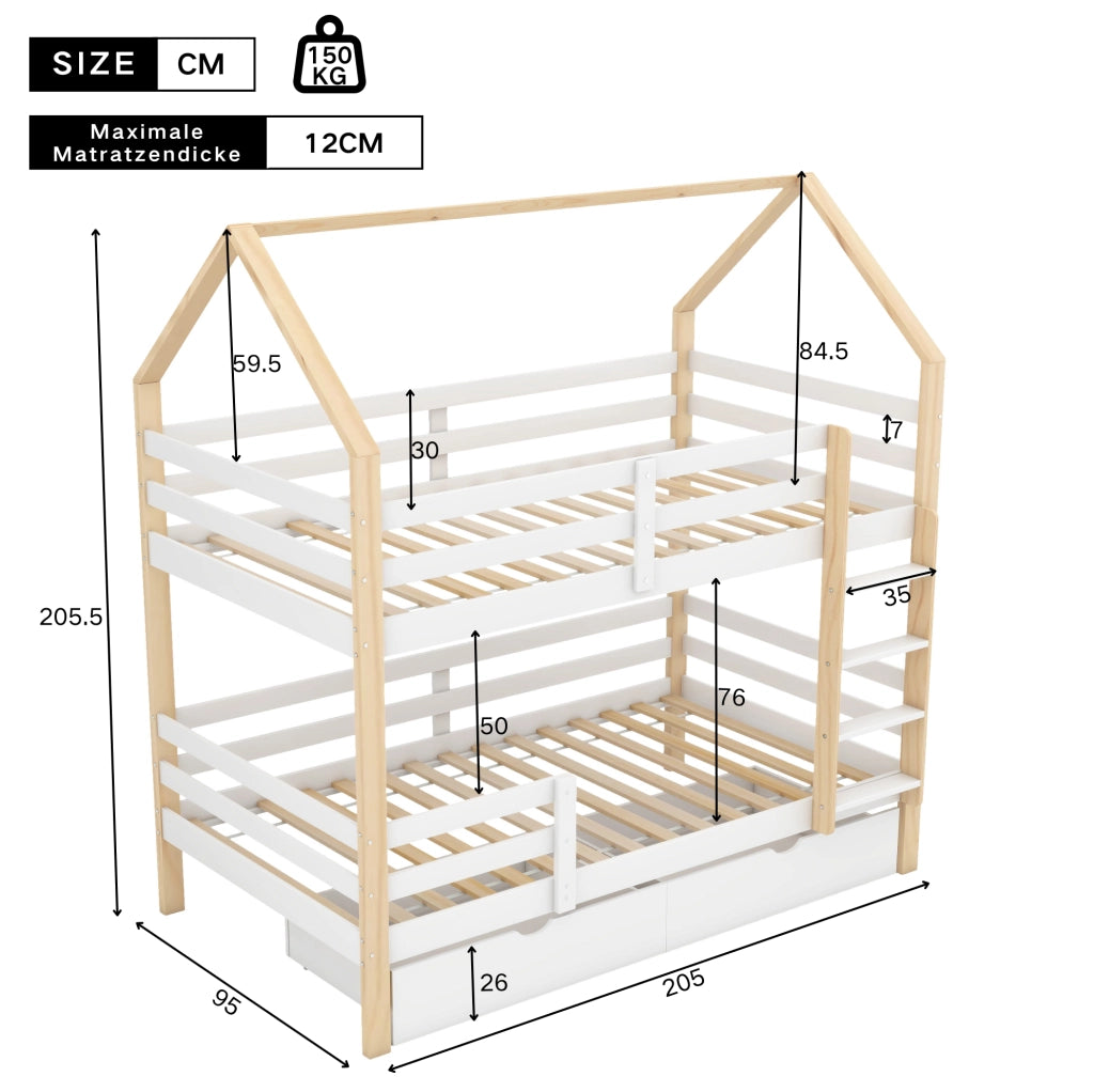 Letto a castello bambini 90x200 cm con cassetti bianco rovere