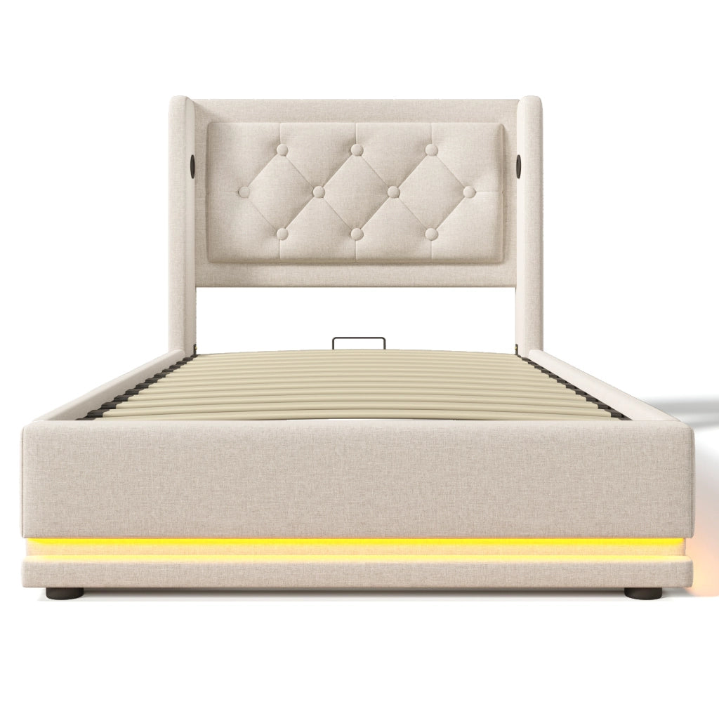 Letto 90x200 cm con contenitore idraulico, LED, USB e USB-C in cotone beige
