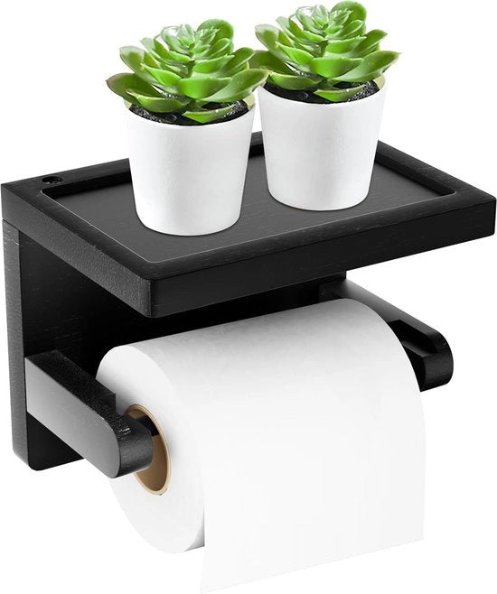 Sostegno per carta igienica, senza foratura, con pannello, contenitore per carta igienica, legno per bagno, toilette, contenitore multifunzionale, contenitore per carta igienica (nero)