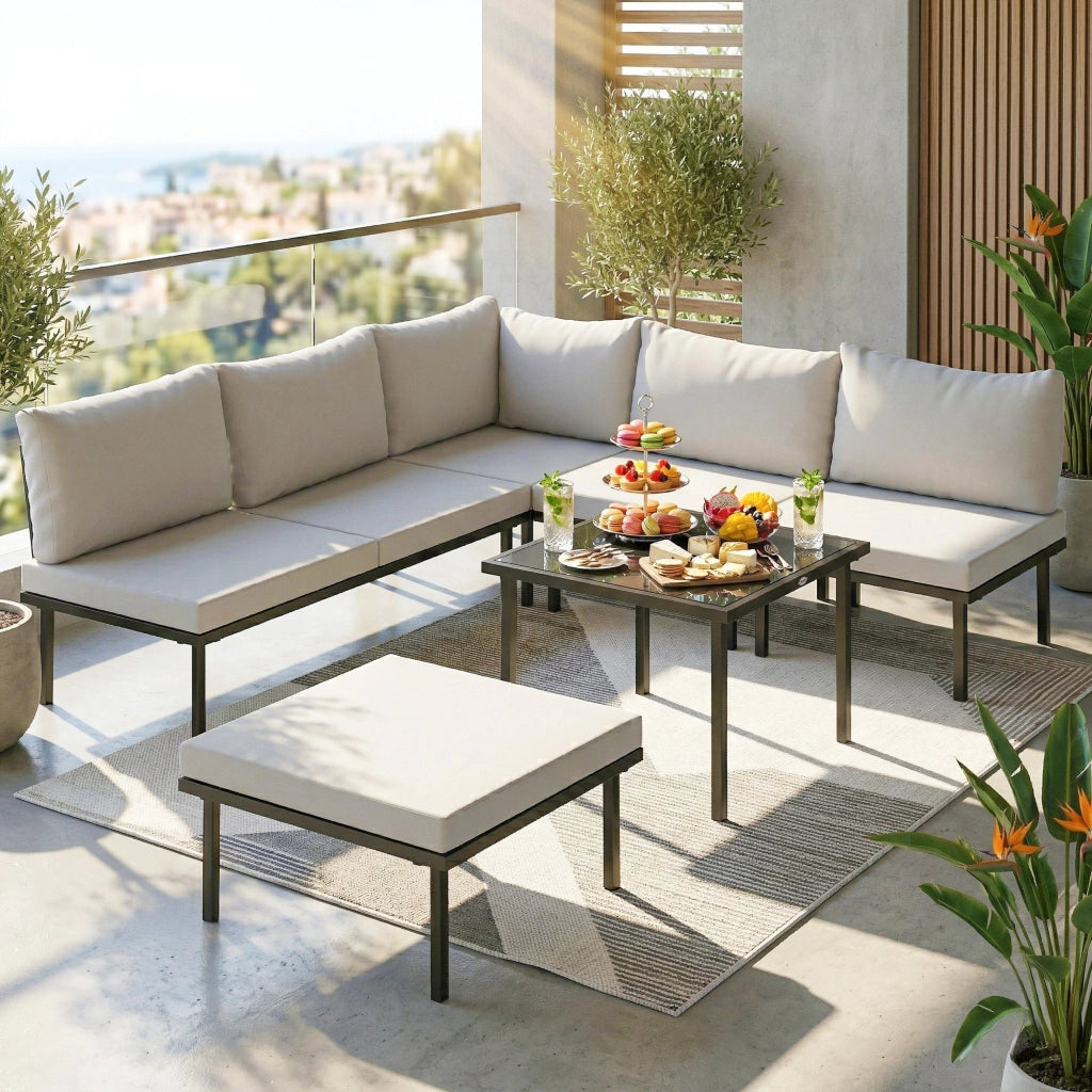 Set Mobili Giardino Metallo 6 Persone. Divano Angolare Cuscini. Grigio Chiaro