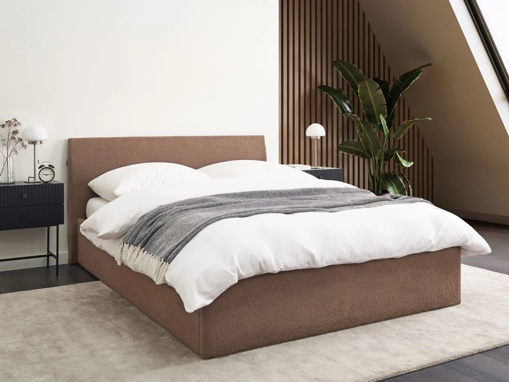Letto matrimoniale bouclé marrone 140 x 200 cm con contenitore rialzato con testiera