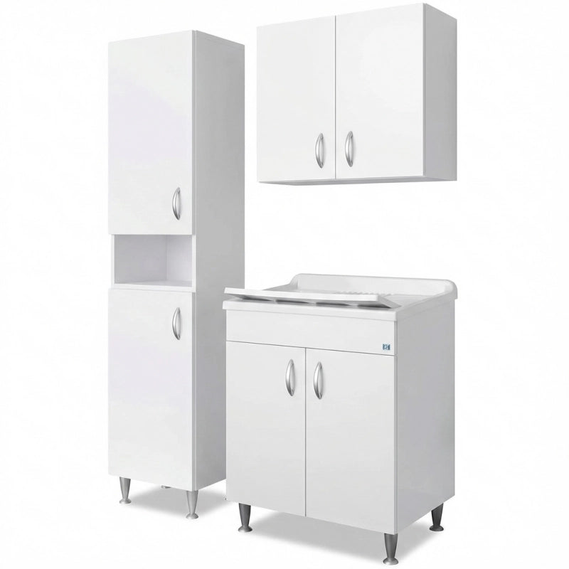 Mobile lavanderia lavatoio in nobilitato idrofugo  Lavatoio 60x50 con colonna e pensile 2 ante  Bianco da interno  Negrari