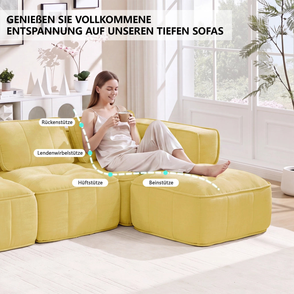 Divano angolare modulare a 2 posti senza struttura con pouf e seduta profonda in poliestere giallo 198 × 162 × 67 cm