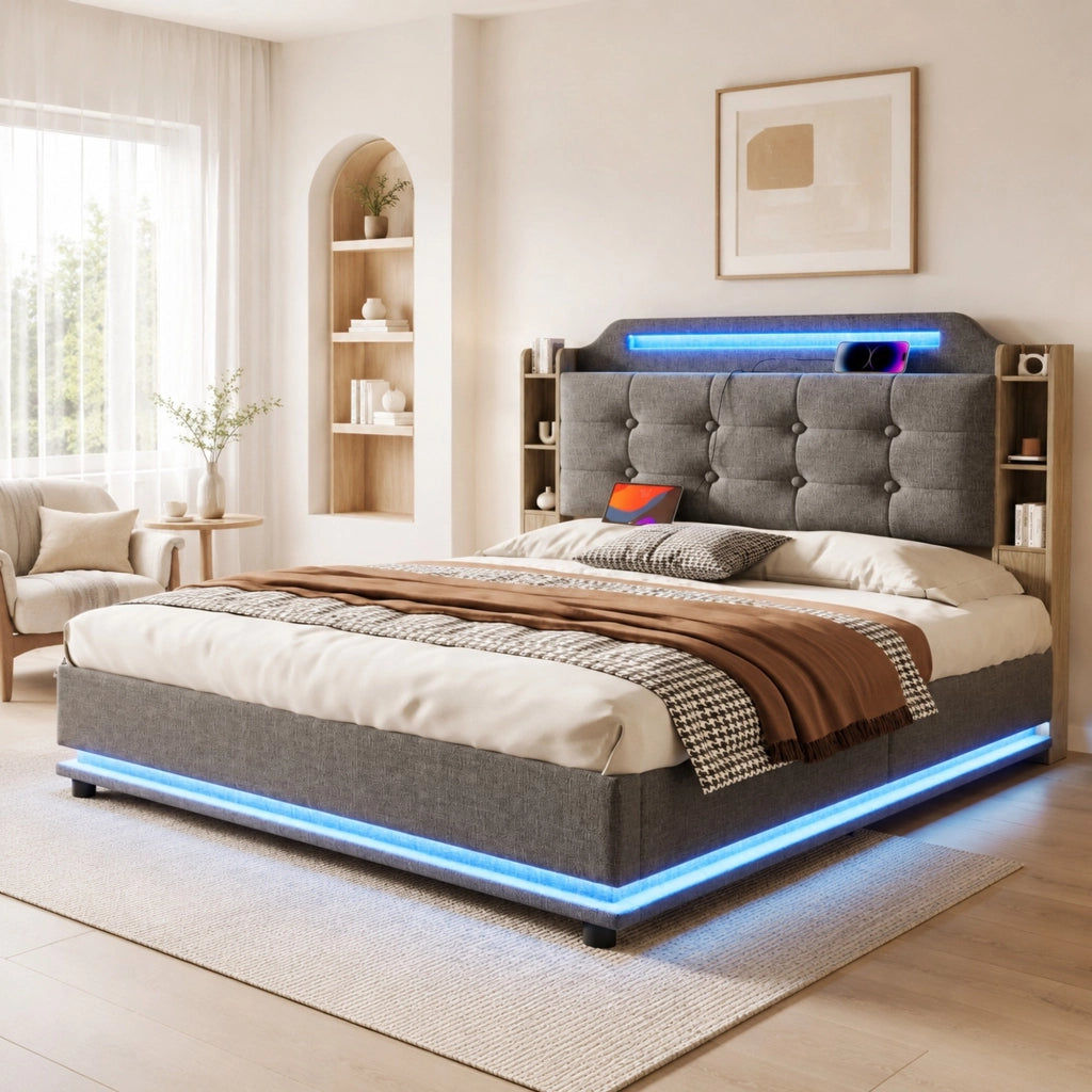 Letto imbottito 140x200 cm con LED, contenitore idraulico e USB Type-C